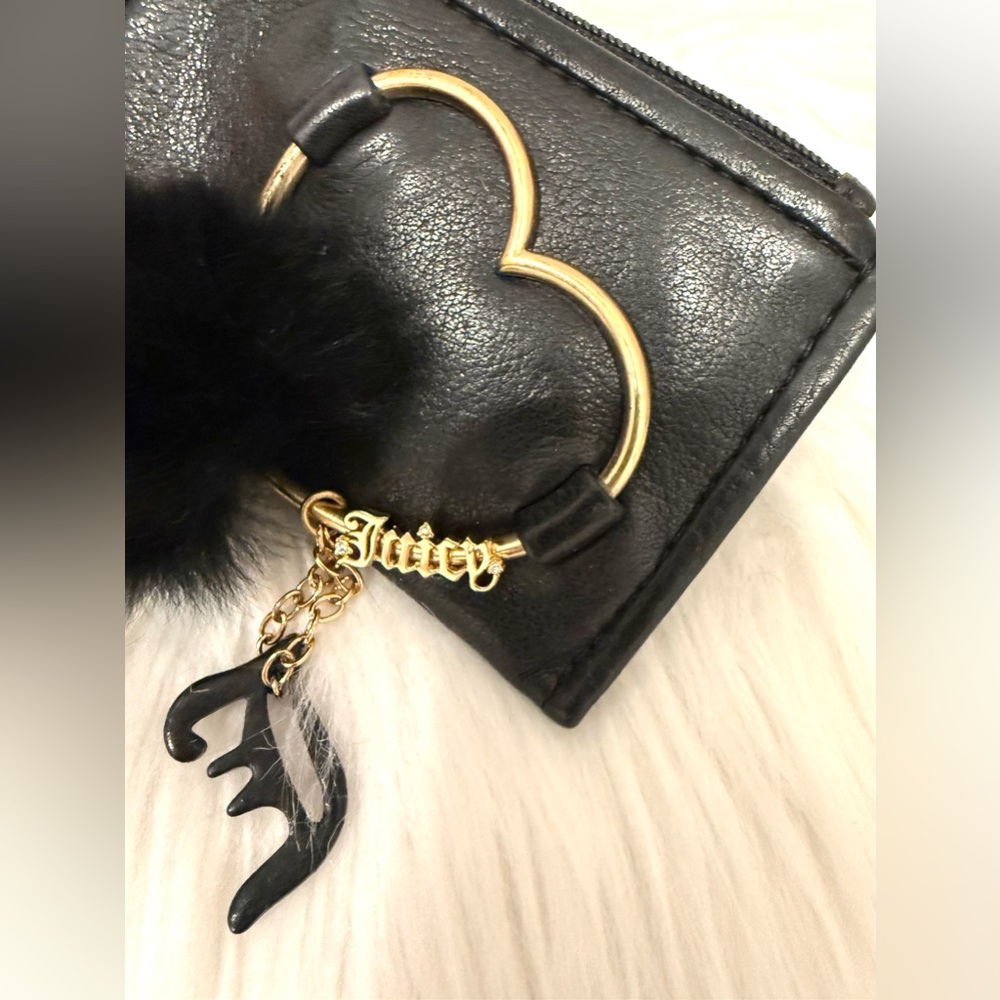 Vintage Juicy Couture Black Leather Pom Pom Key Ring mini Wallet Coin Purse Y2K